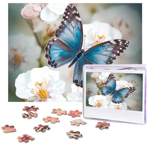 Puzzle 500 Teile für Erwachsene Blauer Schmetterling auf Blüte Blume Puzzle Cooles Tier Weihnachtspuzzle Geschenk Puzzle für Familie Größe 52 X 38 cm von VducK