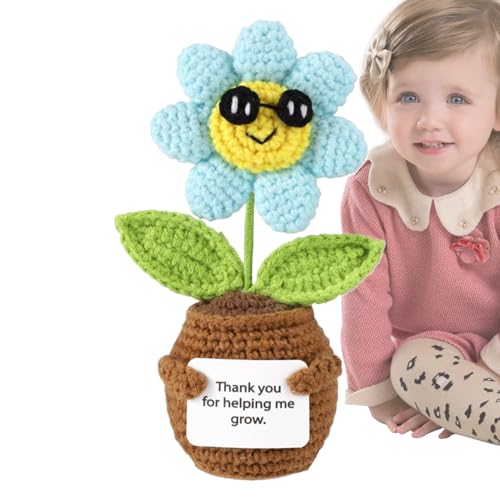 Veasbuu Häkel-Sonnenblume, kleine kreative gestrickte Sonnenblumen-Puppen, 11,9 x 8,9 x 5,9 cm, kompaktes Design, handgefertigte motivierende Dekoration für Schreibtisch, Auto-Armaturenbrett, Zuhause von Veasbuu