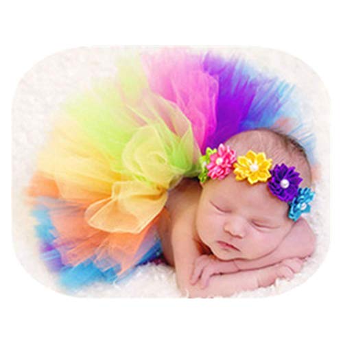 Baby-Fotografie-Requisiten, für Jungen und Mädchen, Fotoshooting-Outfits für Neugeborene, schönes Kostüm, Tutu, Kleid, Blume, Stirnband (Regenbogenfarbe) von Vedory