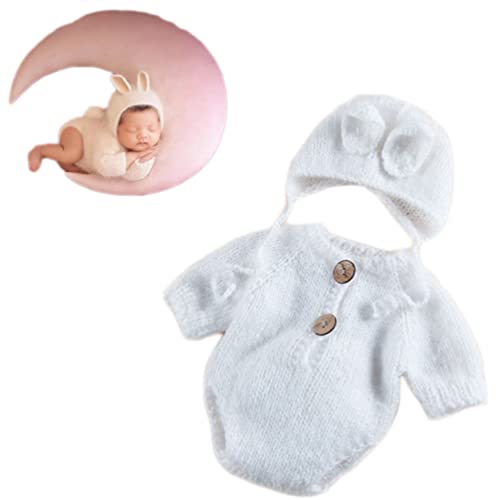 Baby-Kostüm für Neugeborene, Häschen, Kaninchen, gehäkelt, gestrickt, Fotografie-Requisiten, Neugeborene, Baby-Outfits, Windelkostüm (reinweiß) von Vedory