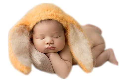Foto-Requisiten für Neugeborene, Monatshut, für Jungen und Mädchen, Häkelkleidung, große Ohren, Hasenhut, Fotografie-Shooting (gelb) von Vedory