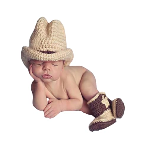 Fotoshooting-Requisiten für Neugeborene, Jungen und Mädchen, Häkelkleidung, Cowboyhut mit Schuh, Foto-Requisiten, Kostüm (beige) von Vedory