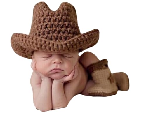 Fotoshooting-Requisiten für Neugeborene, Jungen und Mädchen, Häkelkleidung, Cowboyhut mit Schuh, Fotografie-Requisiten, Kostüm (Hellbraun) von Vedory