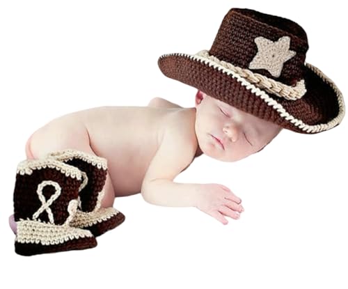 Fotoshooting-Requisiten für Neugeborene, Jungen und Mädchen, Häkelkleidung, Cowboyhut mit Schuh, Fotografie-Requisiten, Kostüm (braun) von Vedory