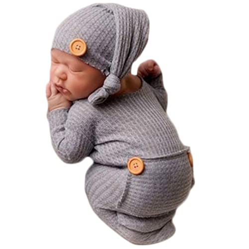 Modische, niedliche Fotoshooting-Requisiten, Outfits für Neugeborene, Jungen, Mädchen, Häkelkleidung, langer Schwanz, Hut, Strampler, Fotografie-Requisiten (grau) von Vedory