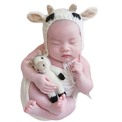 Neugeborenes Baby Foto Prop Junge Mädchen Fotoshooting Outfits Häkeln Strickkleidung Kühe Puppe Hut Decke Set Fotografie Shooting Weiß Weiß von Vedory