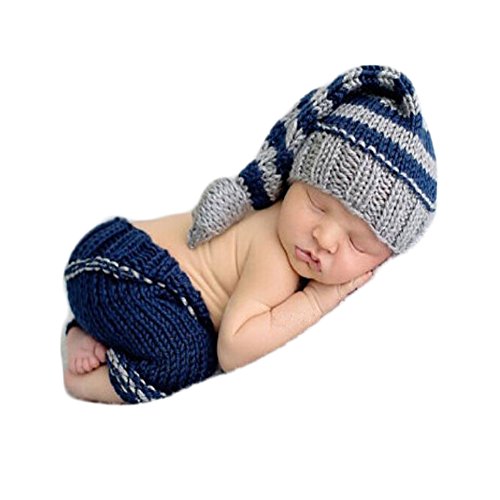 Vedory Modische Foto-Requisiten für Neugeborene, Jungen, Mädchen, Foto-Requisiten, Outfits, gehäkeltes Strickkostüm, Uni, niedliches Kleinkind-Hut, Hose, Set (gestreifter Anzug), 0-3 Monate von Vedory