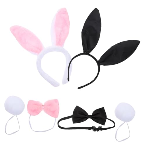 Veemoon 2 Sätze Hasenohren Haarreif mit Flauschigen Bunny Ohren Schleife und Plüsch kaninchen Kostüm accessoire für Karneval Fasching Cosplay und Party Schwarz und Rosa von Veemoon