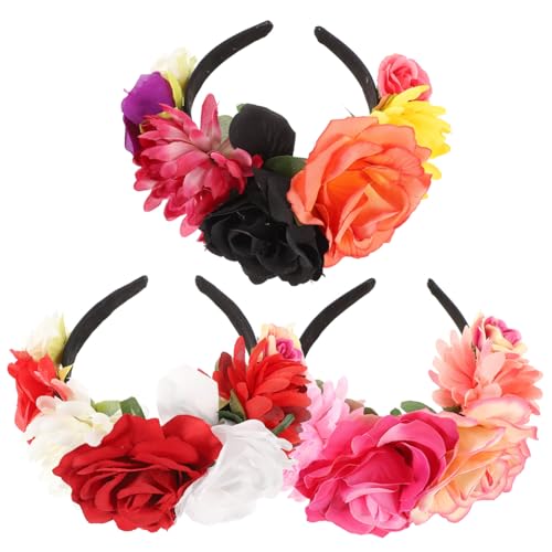 Veemoon 3 Stück Teiliges Vintage Rosen Haarreife Mexikanischer Stil Festival Blumenkranz Kopfschmuck für Halloween Kostüm Damen Party Cosplay Zubehör in Schwarz Orange Weiß Rot von Veemoon