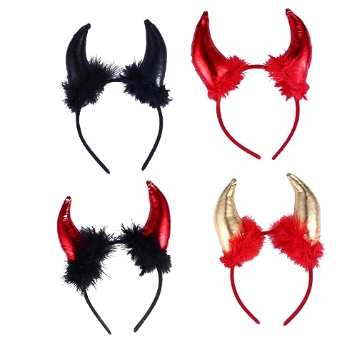 Veemoon 4 Stück Teiliges Halloween Teufelshorn Haarband Kostüm Zubehör für Karneval und Halloween Elastisch und Rot Schwarz Vollrot und Hellgold von Veemoon