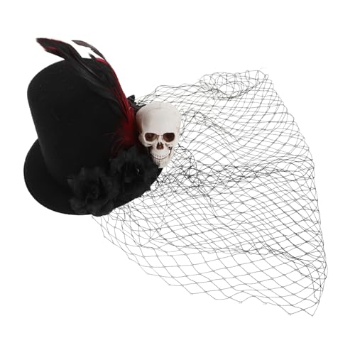 Veemoon Kleiner Vintage Fascinator Hut mit Schleier und Blumen Schwarzes Netz Haaraccessoire für Halloween und Karneval Mini Tea Party Kopfbedeckung mit Schädel von Veemoon