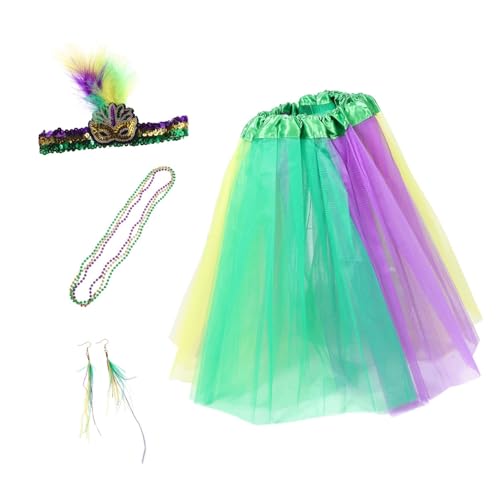 Veemoon Mardi Gras Party Kostüm Set Teilig mit Pailletten und Feder Haarreif Tüllrock Ohrringen und Perlenkette Tricolor Karneval Accessoire für Faschings und Maskenbälle von Veemoon