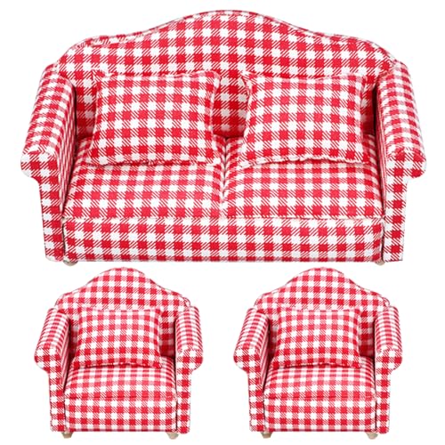 Veesper 3PCS Dollhouse Sofa mit Kissen, Mini Dollhouse Couch 1 12 Skala Dollhouse Möbel und Zubehör Spielzeug für Dollhouse Wohnzimmer Armstühle rot Veesper 3PCS Dollhouse Sofa mit Kissen, Mini Dollhouse Couch 1 12 Skala Dollhouse Möbel und Zubehör Spielzeug für Dollhouse Wohnzimmer Armstühle rot von Veesper