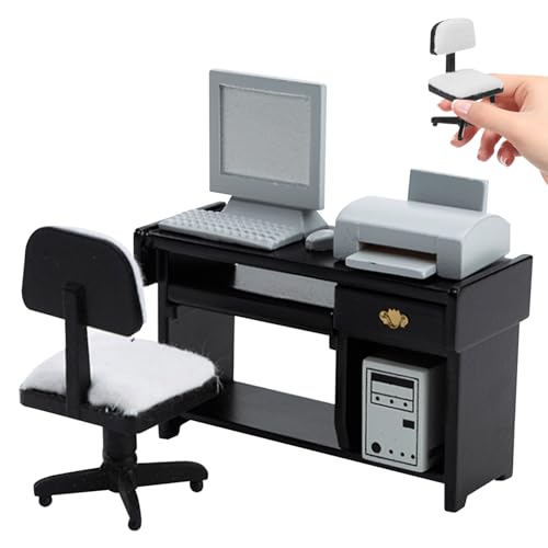 Veesper Puppenhausmöbel, 1/12 hölzerne Miniatur -Schreibtisch Simulation Dollhouse Office Table Stuhl mit Miniaturcomputer und Drucker für Puppenhauszubehör Veesper Puppenhausmöbel, 1/12 hölzerne Miniatur -Schreibtisch Simulation Dollhouse Office Table Stuhl mit Miniaturcomputer und Drucker für Puppenhauszubehör von Veesper
