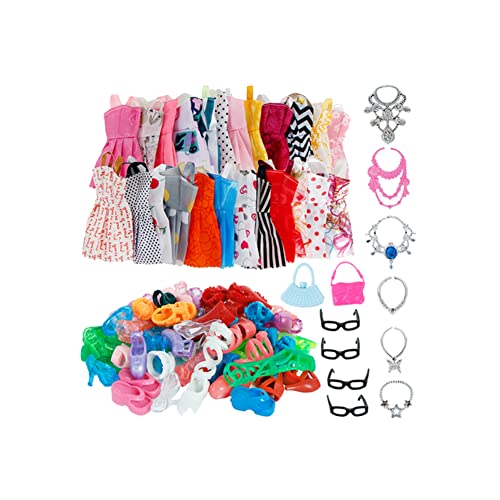 Veesper 32pcs Doll Party Kleider Sets, Puppenschuhe Kleider Schmuck Set, Partykleider Schuhe Taschen Schmuck Set Kinderspielzeug Kleidung Geburtstag Geschenke für Mädchen von Veesper
