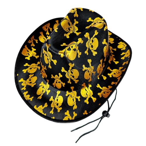 Westernhut | Totenkopf-Muster Breitkrempige Kopfbedeckung Mit Kordel,Festliches Kopfaccessoire Für Halloween Mottopartys Maskenbälle Bühnenauftritte Familienfeiern von Veeteah