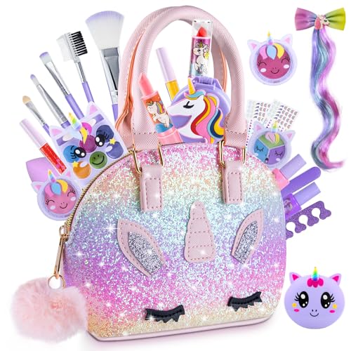 Kinderschminke Set Mädchen - Schminkkoffer Mädchen mit Einhorn Tasche Schminke Spielzeug, Waschbar Schminke Kinder Weihnachts Geburtstags Geschenke für 3 4 5 6-8-10-12 Jahre Kids Makup Kit von Vefosafe