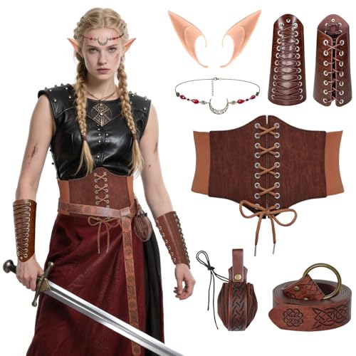 Mittelalterliches Wikinger-Kostüm-Zubehör, Renaissance-Elfenohren und Mond, Kopfkette, Korsett für Halloween, Braun, Größe L von Vegove