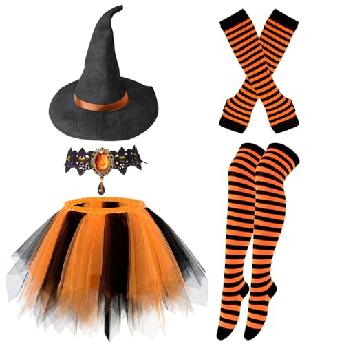 Vegove 5-teiliges Halloween-Hexenkostüm, Frauen-Kürbis-Outfit – Wicked Hat Choker Tutu Rock & gestreifte Handschuhe Socken, Orange/Abendrot im Zickzackmuster (Sunset Chevron), Einheitsgröße von Vegove