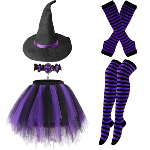 Vegove 5-teiliges Halloween-Hexenkostüm, Frauen-Kürbis-Outfit – Wicked Hat Choker Tutu Rock & gestreifte Handschuhe Socken, Violett, Einheitsgröße Vegove 5-teiliges Halloween-Hexenkostüm, Frauen-Kürbis-Outfit – Wicked Hat Choker Tutu Rock & gestreifte Handschuhe Socken, Violett, Einheitsgröße von Vegove
