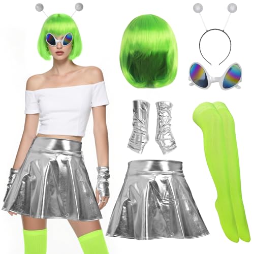 Vegove Alien-Kostüm für Damen, metallischer Rock, Antenne, Stirnband, Bob-Haarbrille, Neongrün, Raum-Zubehör für Halloween, 6 Stück, neon green, M Vegove Alien-Kostüm für Damen, metallischer Rock, Antenne, Stirnband, Bob-Haarbrille, Neongrün, Raum-Zubehör für Halloween, 6 Stück, neon green, M von Vegove