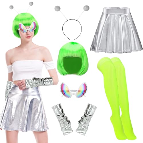 Vegove Lustiges Weltraum-Alien-Kostüm für Damen, metallischer Rock und Kopfbedeckung, Halloween-Raves, Alien-Verkleidungszubehör, Größe XL, 6-teilig von Vegove
