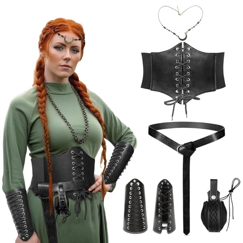 Wikinger-Kostüm-Zubehör-Set für Damen, Renaissance-Korsett, Mond-Kopfkette und mittelalterliche Armschützer für Halloween, Schwarz, Größe M, 6-teilig Wikinger-Kostüm-Zubehör-Set für Damen, Renaissance-Korsett, Mond-Kopfkette und mittelalterliche Armschützer für Halloween, Schwarz, Größe M, 6-teilig von Vegove