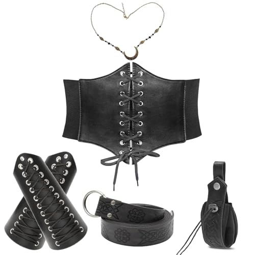 Wikinger-Kostüm-Zubehör für Damen, Renaissance-Korsett und Mond-Kopfkette und mittelalterliche Armschützer für Halloween-Kostüm, 6 Stück, Schwarz, L Wikinger-Kostüm-Zubehör für Damen, Renaissance-Korsett und Mond-Kopfkette und mittelalterliche Armschützer für Halloween-Kostüm, 6 Stück, Schwarz, L von Vegove