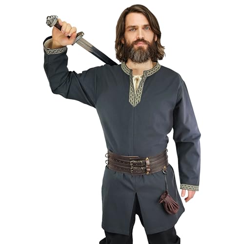 Vehi Mercatus Klassische Wikinger Tunika mit Knotenmuster Hakon- langarm- Baumwolle- Schwarz, Braun,Rot,Gr??n oder Blau- LARP, Reenactment, Alltag (Blau, XXL) von Vehi Mercatus