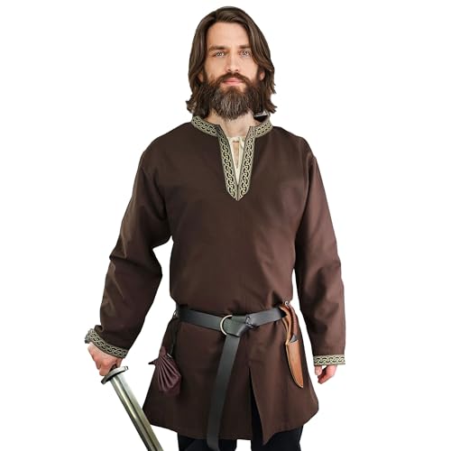 Vehi Mercatus Klassische Wikinger Tunika mit Knotenmuster Hakon- langarm- Baumwolle- Schwarz, Braun,Rot,Grün oder Blau- LARP, Reenactment, Alltag (Braun, XXXL) von Vehi Mercatus