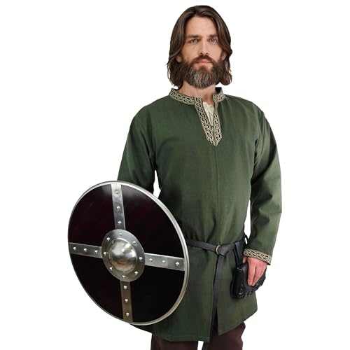 Vehi Mercatus Klassische Wikinger Tunika mit Knotenmuster Hakon- langarm- Baumwolle- Schwarz, Braun,Rot,Grün oder Blau- LARP, Reenactment, Alltag (Grün, M) von Vehi Mercatus