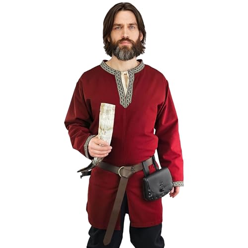 Vehi Mercatus Klassische Wikinger Tunika mit Knotenmuster Hakon- langarm- Baumwolle- Schwarz, Braun,Rot,Grün oder Blau- LARP, Reenactment, Alltag (Rot, S) von Vehi Mercatus