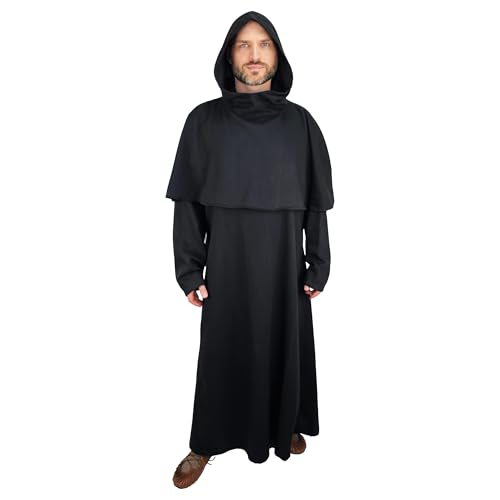 Vehi Mercatus Mönchskutte - Set Habit Kukulle & Seilgürtel- Schwarz, Braun- Baumwolle- LARP, Reenactment (Schwarz, S/M) von Vehi Mercatus