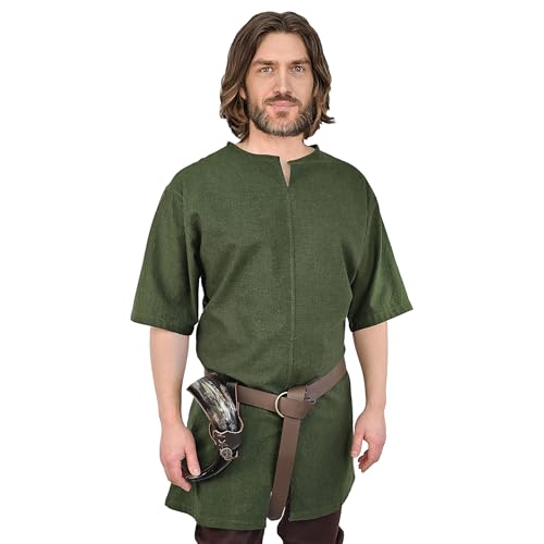 Vehi Mercatus Schlichte Mittelalter Tunika kurzarm Njord- Baumwolle- Schwarz, Braun, Rot, Grün oder Blau- LARP, Reenactment, Alltag (Grün, S) von Vehi Mercatus