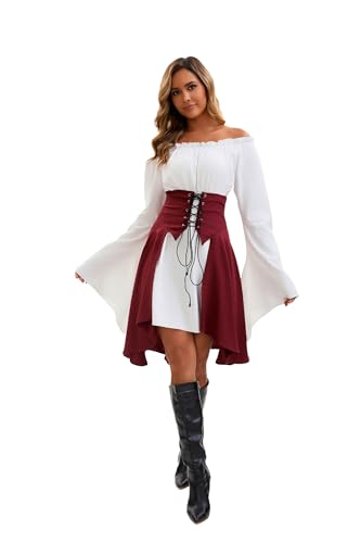 Damen Mittelalter Piratenkostüm Set Mittelalter Kleid mit Piraten Korsett Oberteil Rock Faschingskostüm für Halloween Karneval Cosplay Rot L von Velcoxplay