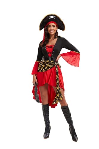 Piratenkostüm Damen, Erwachsenenkostüm Piratin Set mit Kleid, Piraten Kopftuch, Gürtel für Halloween Karneval Cosplay M von Velcoxplay