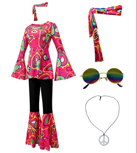 Velcoxplay 60er 70er Jahre Hippie Kostüm Damen, Hippie Kleidung Schlaghose für Faschings Kostüm Disco Party Halloween Karneval Disco Outfit Rosa L von Velcoxplay