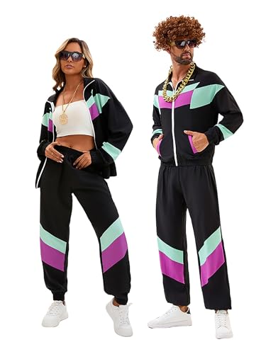 Velcoxplay 80er Jahre Kostüm Damen Trainingsanzug Disco, 80er 90er Retro Anzug Jacke Hose Anzug Style Jogginganzug für Karneval Faschingskostüm Schwarz L von Velcoxplay