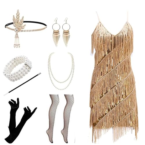 Velcoxplay Damen 1920er Jahre Flapperkleid mit Pailletten, Vintage Pailletten Perlen Fransen Kleid mit 20s Zubehör Set Gold L Velcoxplay Damen 1920er Jahre Flapperkleid mit Pailletten, Vintage Pailletten Perlen Fransen Kleid mit 20s Zubehör Set Gold L von Velcoxplay