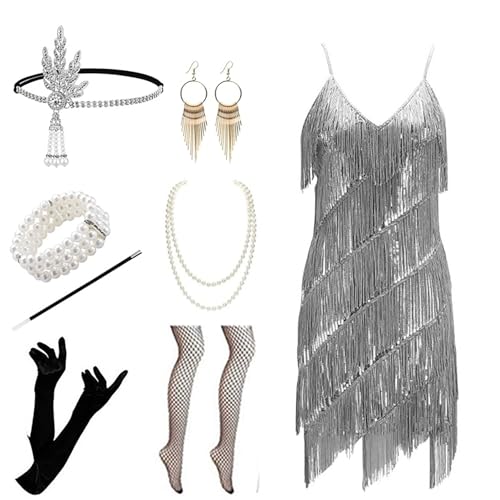 Velcoxplay Damen 1920er Jahre Flapperkleid mit Pailletten, Vintage Pailletten Perlen Fransen Kleid mit 20s Zubehör Set Grau M Velcoxplay Damen 1920er Jahre Flapperkleid mit Pailletten, Vintage Pailletten Perlen Fransen Kleid mit 20s Zubehör Set Grau M von Velcoxplay