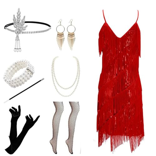 Velcoxplay Damen 1920er Jahre Flapperkleid mit Pailletten, Vintage Pailletten Perlen Fransen Kleid mit 20s Zubehör Set Rot M Velcoxplay Damen 1920er Jahre Flapperkleid mit Pailletten, Vintage Pailletten Perlen Fransen Kleid mit 20s Zubehör Set Rot M von Velcoxplay