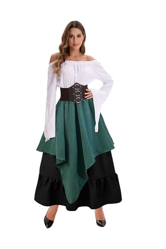 Velcoxplay Damen Schulterfrei Renaissance Mittelalter Kleid, Viktorianisches Königin Kostüm Gotisch Retro Maxikleid Karneval Halloween Party Kostüm Grün L von Velcoxplay
