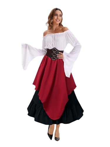 Velcoxplay Damen Schulterfrei Renaissance Mittelalter Kleid, Viktorianisches Königin Kostüm Gotisch Retro Maxikleid Karneval Halloween Party Kostüm Rot M von Velcoxplay