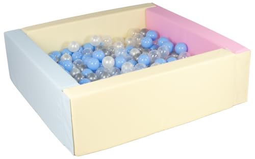 Bällebad Bällepool Bällebecken Spielbecken Kinderpool quadratisch 200 Bälle (Farbe des Pools/der Bälle: pink, blau, gelb (Pastell)/perlweiß, transparent, hellblau, silberfarben) von Velinda