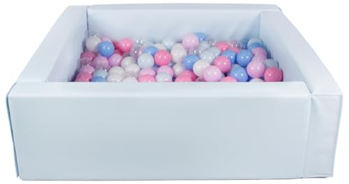 Bällebad Bällepool Bällebecken Spielbecken Kinderpool quadratisch 300 Bälle (Farbe des Pools/der Bälle: blau (Pastell)/weiß, transparent, hellblau, rosa, pink (Pastell), blau (Pastell)) von Velinda