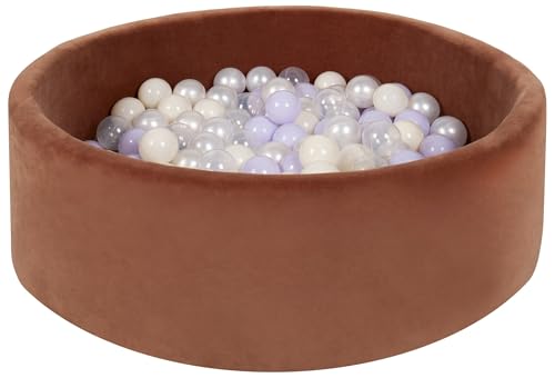 Bällebad Bällepool Bällebecken Spielbecken Velours-Bezug 200 Bälle rund ⌀90 cm (Farbe des Pools/der Bälle: braun/transparent, perlweiß, violett, gelb (Pastell)) von Velinda
