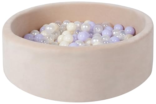 Bällebad Bällepool Bällebecken Spielbecken Velours-Bezug 200 Bälle rund ⌀90 cm (Farbe des Pools/der Bälle: cappuccinofarben/transparent, perlweiß, violett, gelb (Pastell)) von Velinda