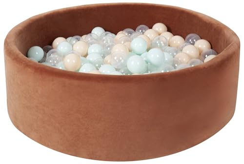 Bällebad Bällepool Bällebecken Spielbecken Velours-Bezug 300 Bälle rund ⌀90 cm (Farbe des Pools/der Bälle: braun/transparent, perlweiß, Mint, cappuccinofarben) von Velinda
