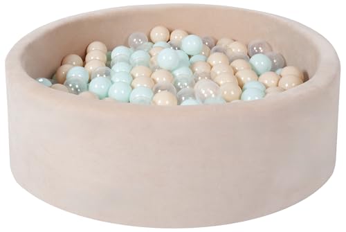 Bällebad Bällepool Bällebecken Spielbecken Velours-Bezug 300 Bälle rund ⌀90 cm (Farbe des Pools/der Bälle: cappuccinofarben/transparent, perlweiß, Mint, cappuccinofarben) von Velinda