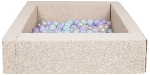 Velinda Bällebad Bällepool Bällebecken Spielbecken Kinderpool Quadrat Bouclé 200 Bälle (Farbe: perlweiß, violett, Mint) von Velinda
